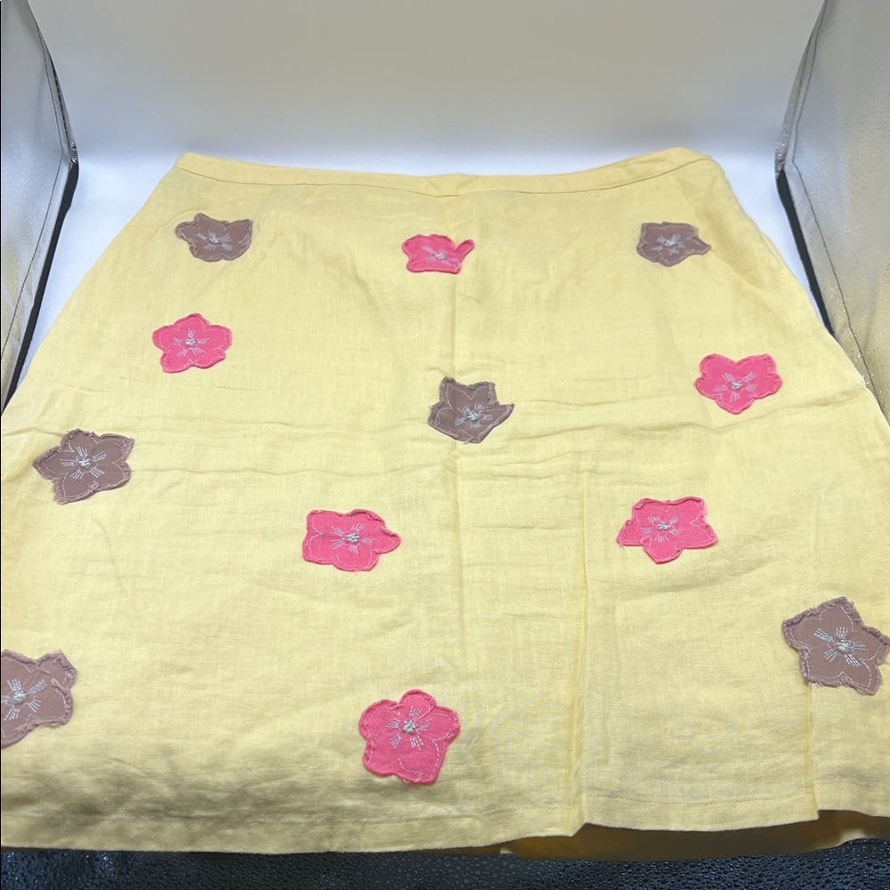Boden Yellow Linen Skirt Floral Patchwork Accents 18